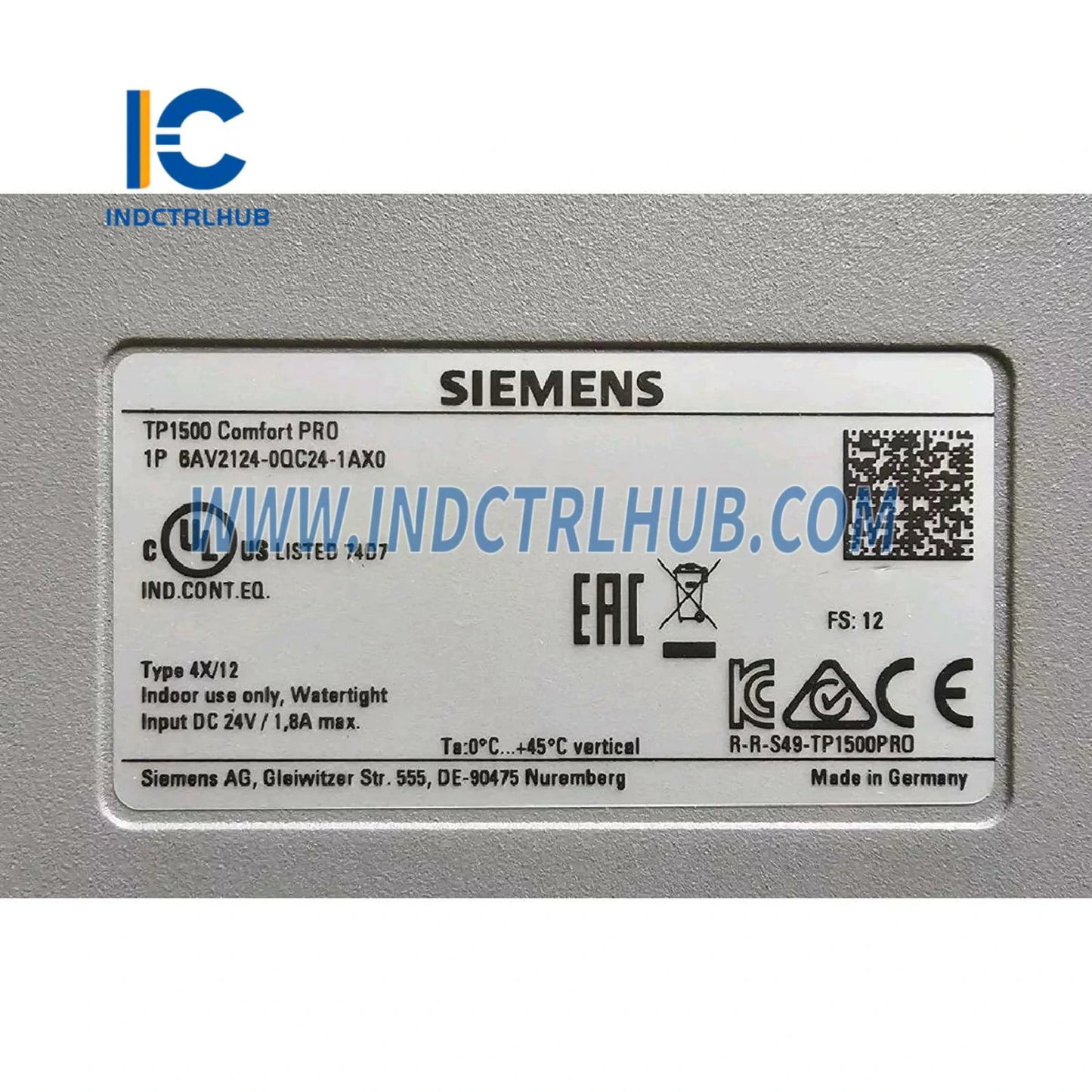 Siemens 6AV2124-0QC24-1AX0 TP1500 Comfort PRO 15.6" TFT Touch Screen HMI