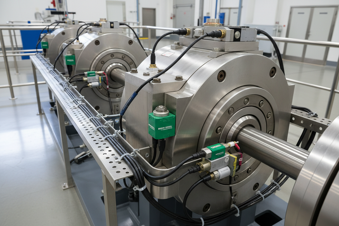 Industrial rotating equipment with Bently Nevada vibration monitoring probes and sensors installed on turbine bearings