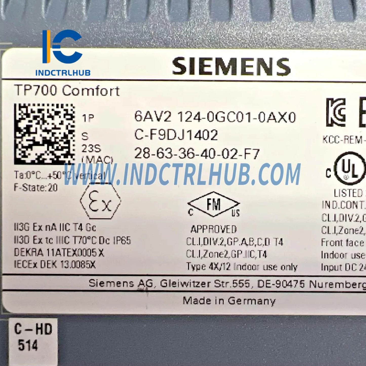 Siemens 6AV2124-0GC01-0AX0 SIMATIC HMI TP700 Comfort Panel