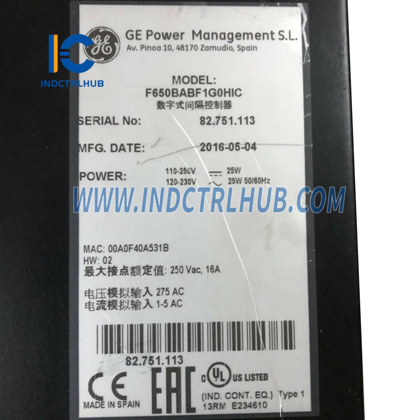 GE F650BABF1G0HIC Digital Bay Controller/Feeder Protection Relay